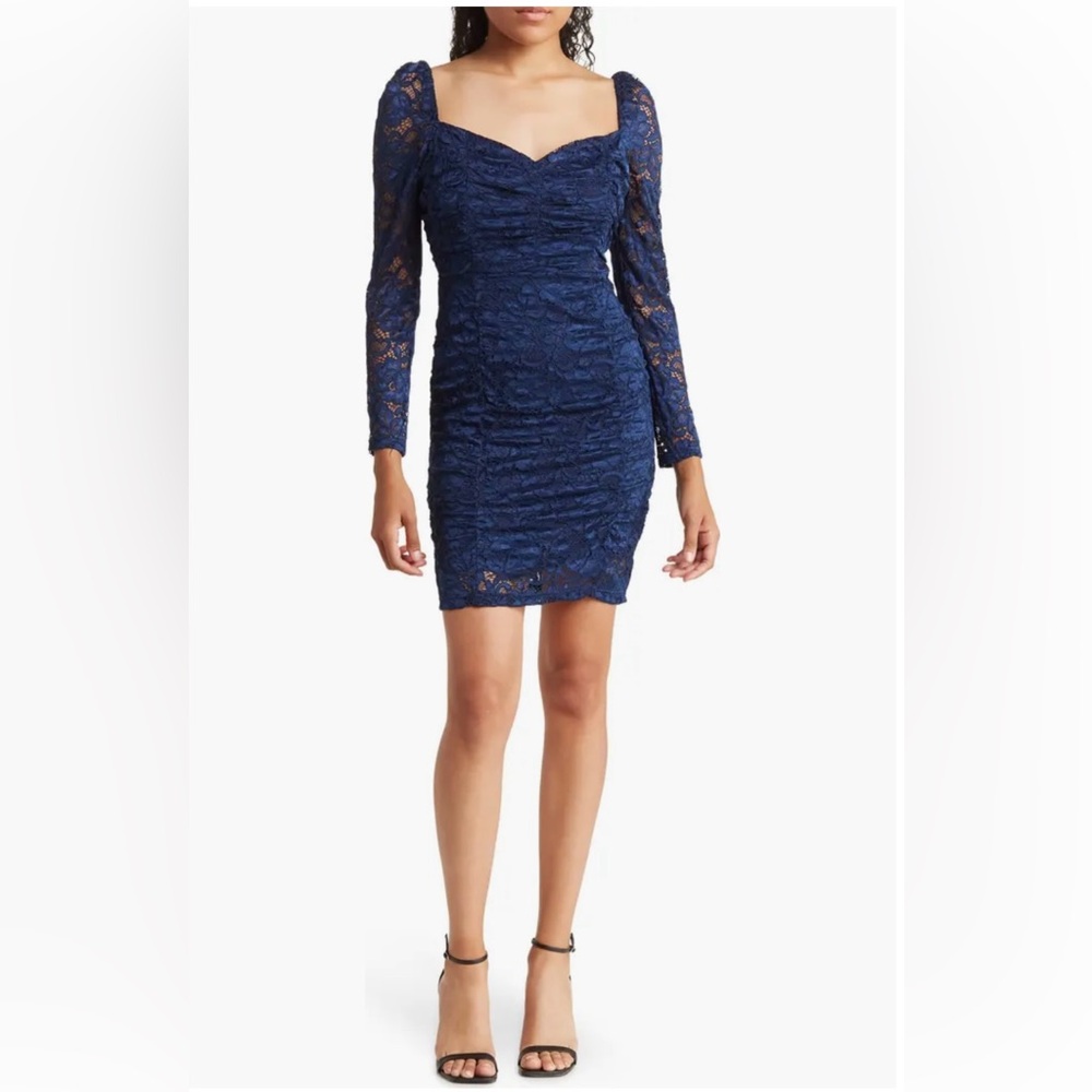 Sam Edelman - Ruched Long Sleeve Lace Minidress, Bodycon,size 6, Navy, Blue, NEW